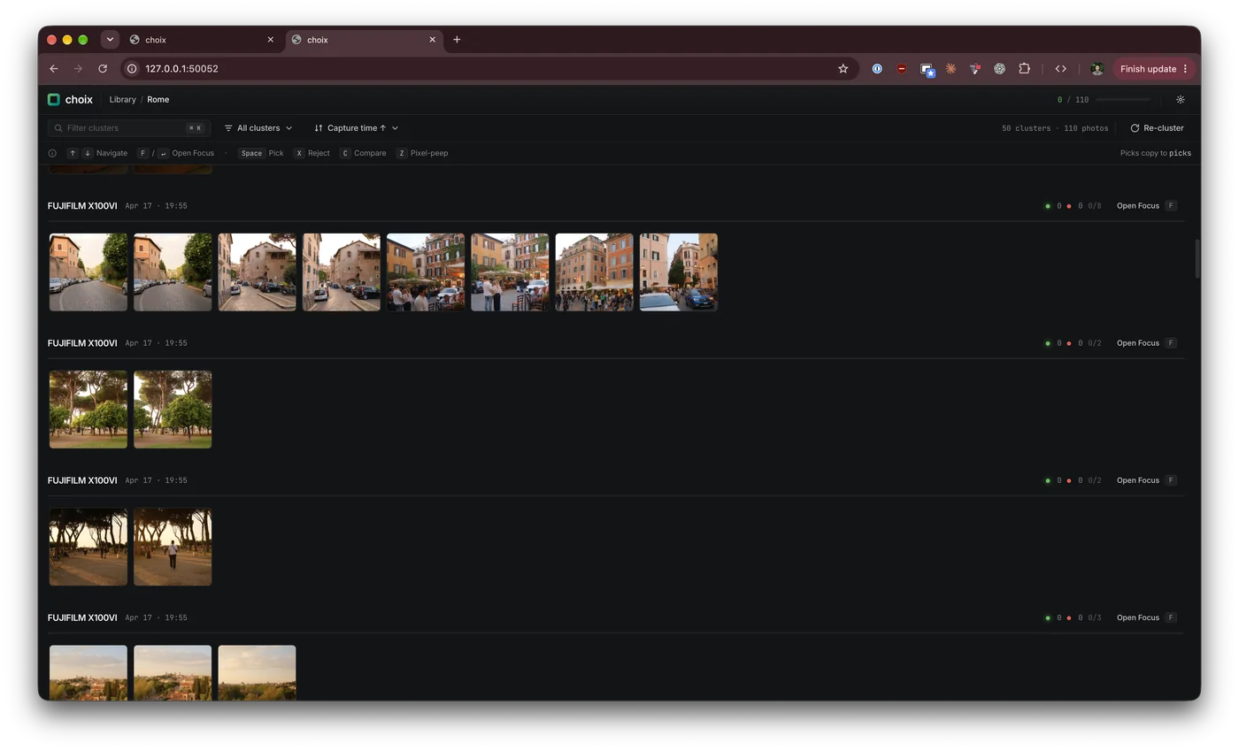 The choix library: clusters of photos from my Fujifilm X100VI, each with its time, pick and reject counters and an Open Focus button
