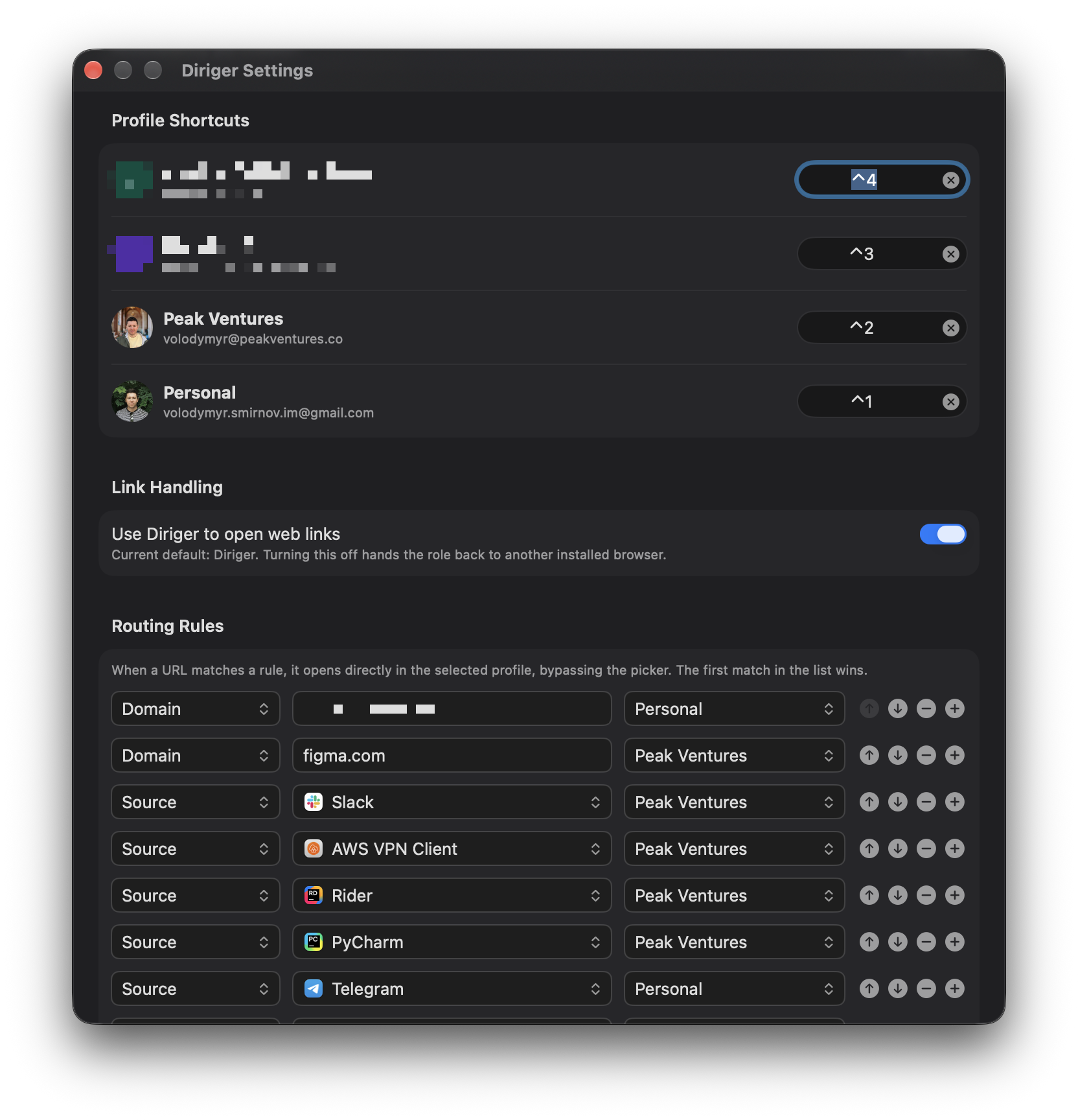 Diriger settings: a shortcut for each profile, and routing rules that send Slack, Figma and the IDEs to the work profile and Telegram to the personal one