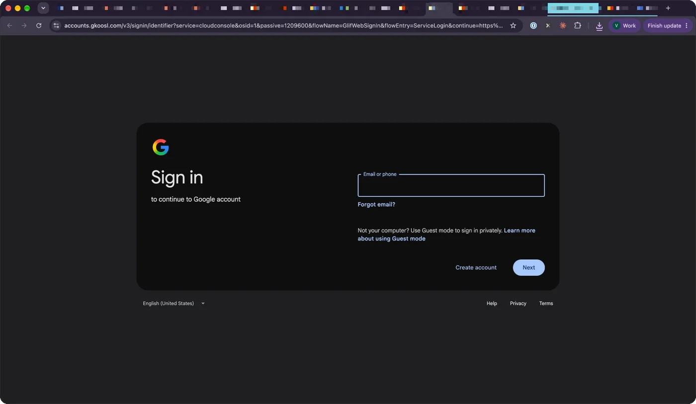 A fake Google sign-in page on accounts.gkoosl.com, with a URL copied from the real one, down to service=cloudconsole