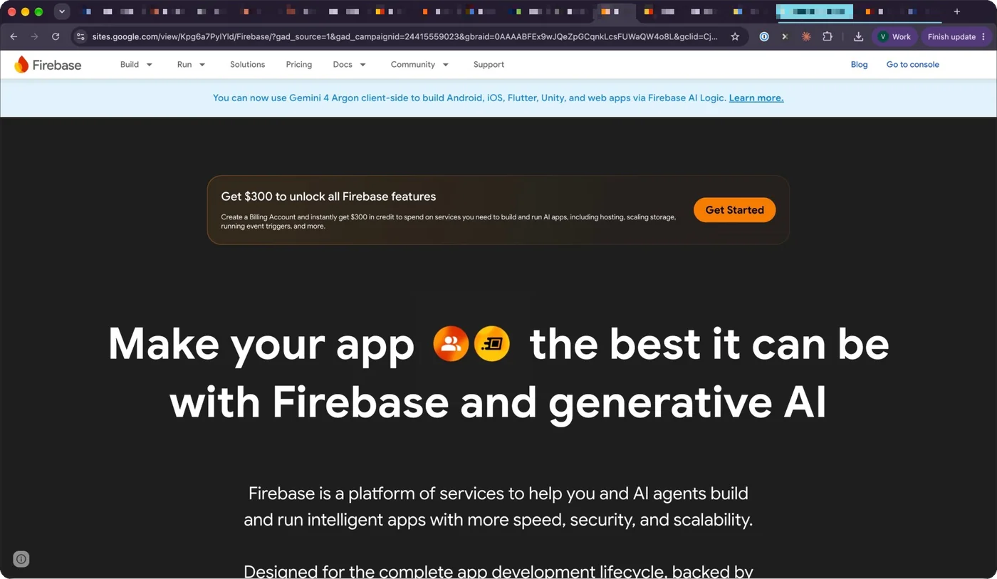A copy of the Firebase website on sites.google.com, opened from an ad, with the Gemini 4 Argon banner and the Go to console link