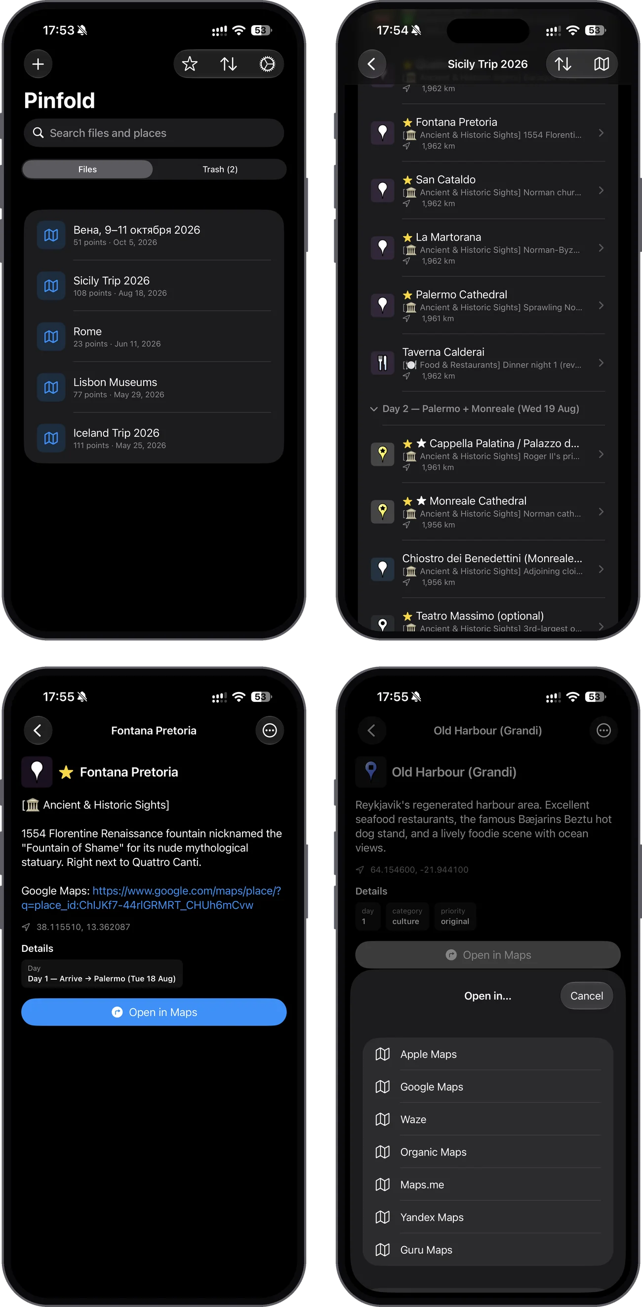 Pinfold on iPhone: the list of files, a trip grouped by day, a place page and the choice of navigation app