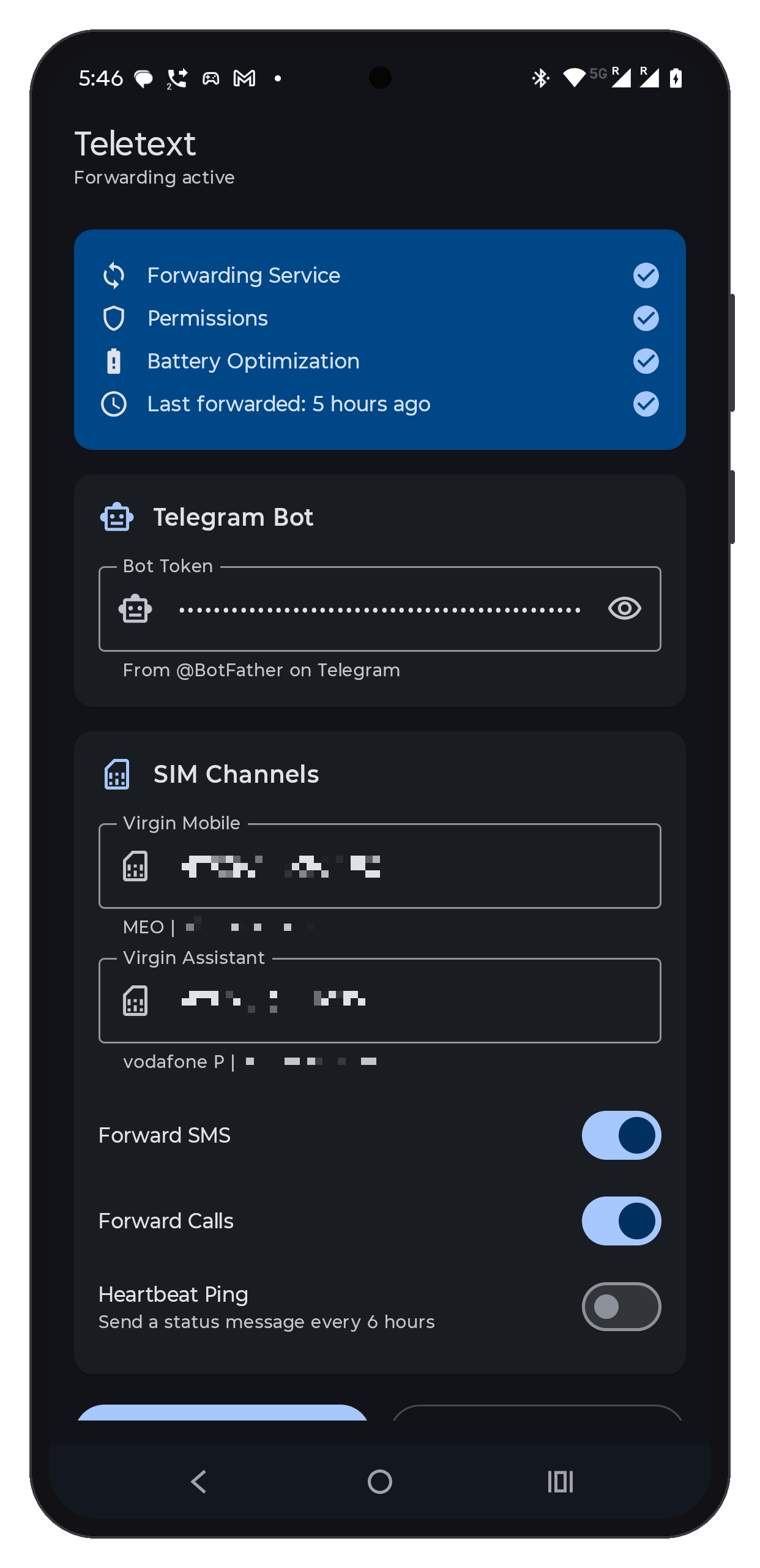 Teletext on the phone: service status, the Telegram bot token, one Telegram chat per SIM, and the forwarding toggles